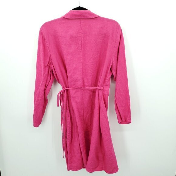 Mango 100% Linen Fuchsia/Barbie Pink Collared Wrap Dress 12 - Picture 4 of 16